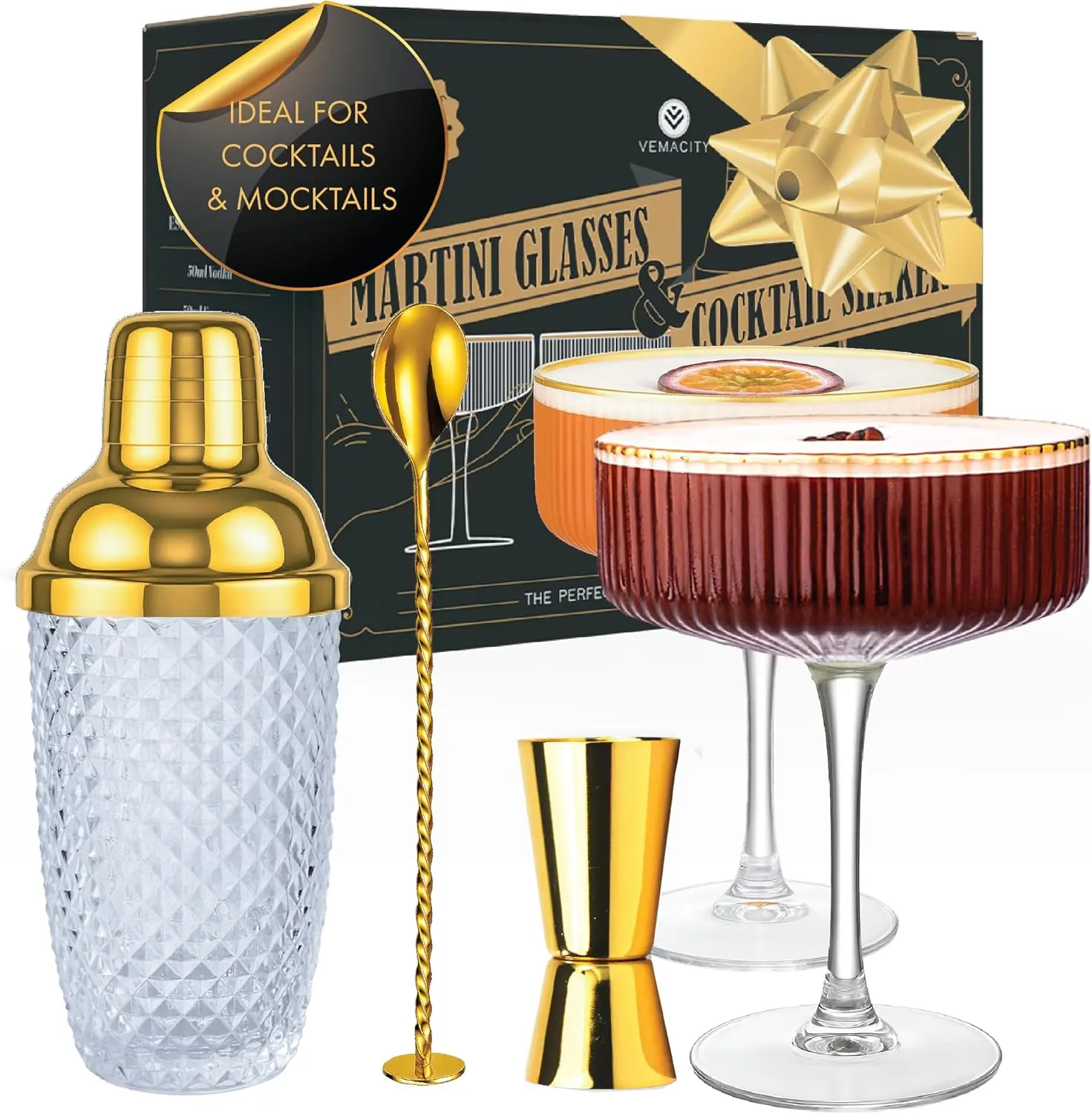 Luxury Espresso Martini Gifts| Gold Cocktail Shaker Set + 2 Espresso Martini Glasses - Cocktail Kit with Built-in Strainer & Ribbed Martini Glasses (10oz)| Drink Shakers Cocktail