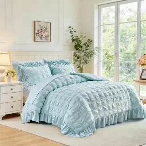 Blue Seersucker Comforter Set with Ruffled King Size, 3 Pieces Soft Farmhouse Bedding Set for All Season, Elegant Bed Set with Ruffle Shams (Blue, King)