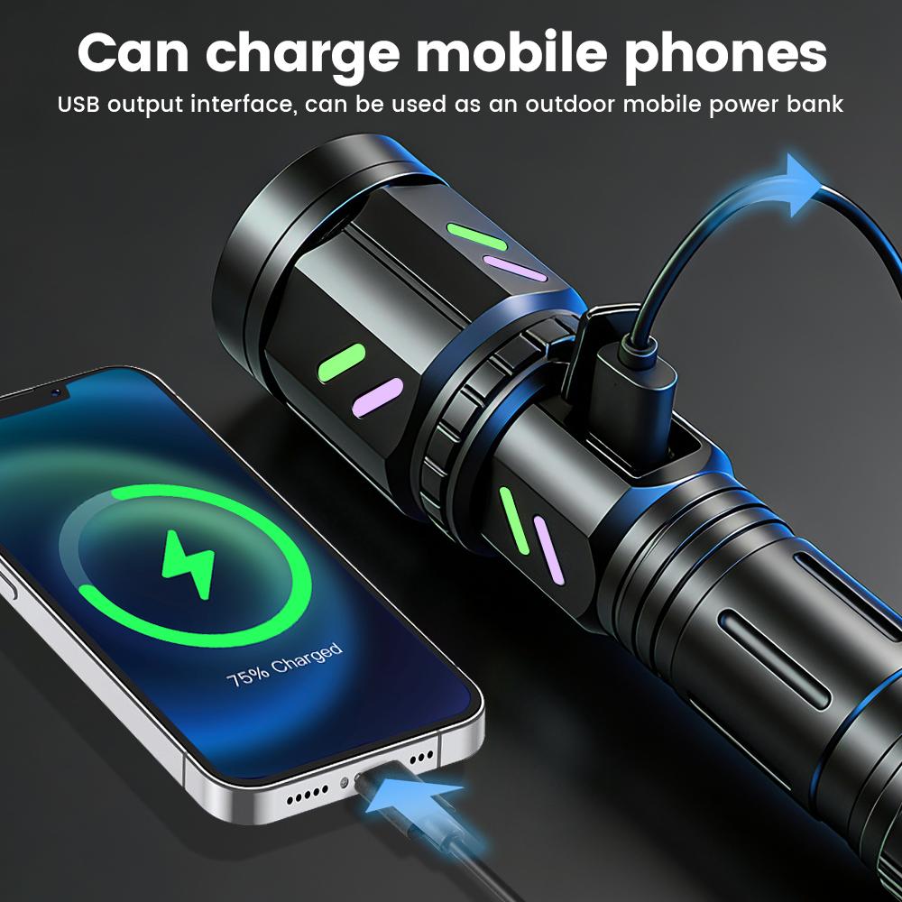 30W Handheld LED Flashlight - Ignition Zoom Lens, Type-C USB Rechargeable Spotlight, Digital Power Display, 5 Modes, Aluminum Alloy, Mobile Power Function, for Outdoor Emergency, Camping, Patrol, Handheld Led Flashlights, Rechargeable Spotlight Flashlight