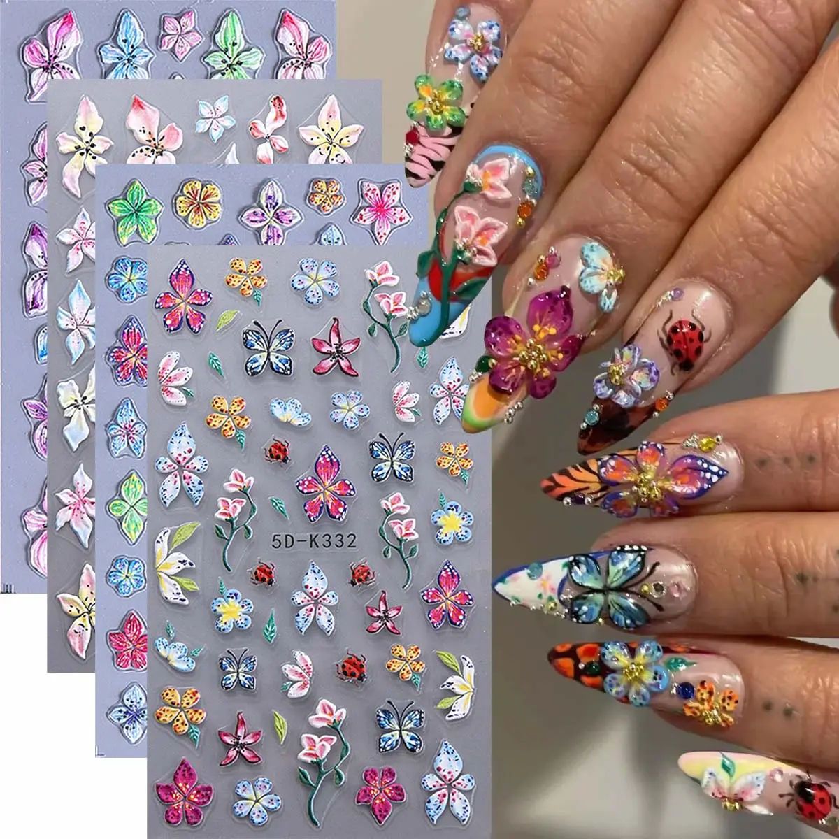 3D Flower Pattern Nail Art Sticker (4 Counts), Self Adhesive Nail Decal, DIY Nail Art Decoration for Women & Girls, Nail Art Design, Nail Art Supplies, Nail Stickers
