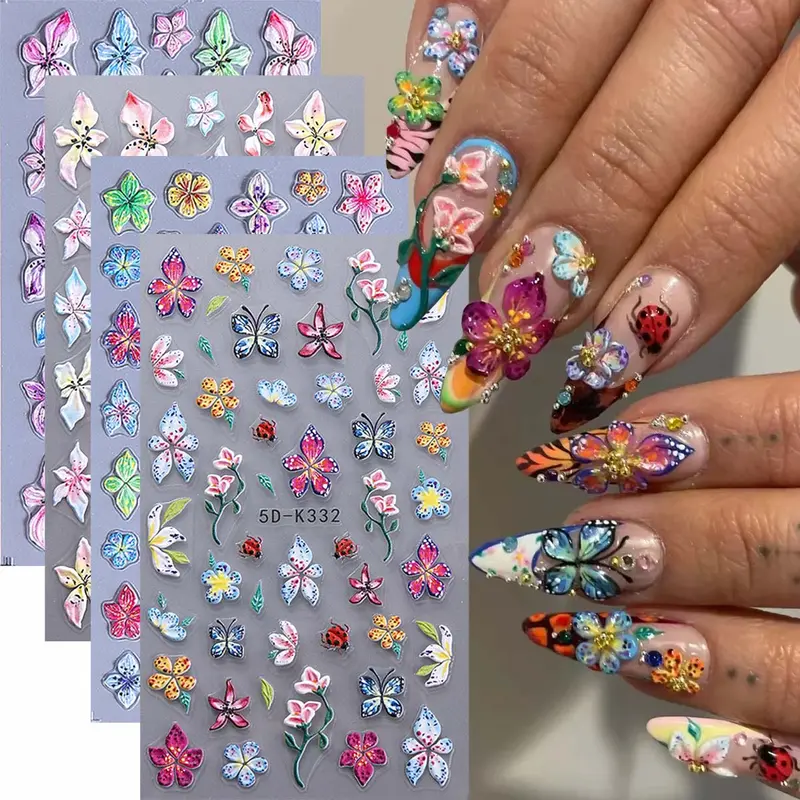 3D Flower Pattern Nail Art Sticker (4 Counts), Self Adhesive Nail Decal, DIY Nail Art Decoration for Women & Girls, Nail Art Design, Nail Art Supplies, Nail Art Products, Nail Stickers