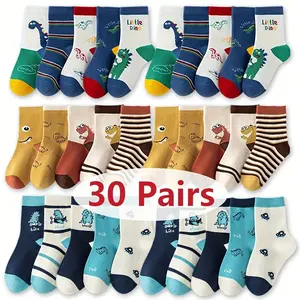 30 Pairs Boys' Cute Cartoon Dinosaur Socks - Polyester, Non-Slip, Hand Wash Only, All-Season Knit Fabric Socks with Fun Animal Designs for Youngster