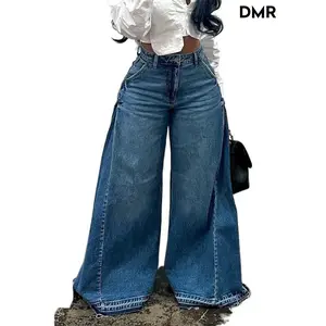 DMR 2025 Spring Retro Style WideLeg Denim Flared Pants with Fringes jeans levant cola 100 colombianos