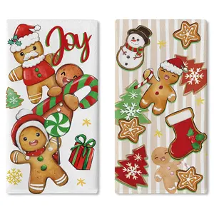 Christmas Gingerbread Man Kitchen Dish Towels Set of 2, Xmas Tree Snowman Stocking Drying Hand Towels Baking Cooking Cloth, Joy Winter Holiday Stripes Home Kitchen Decoration 16 x 24 Inches