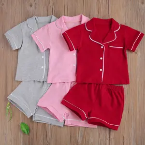 Kids Toddler Girl Boy Two Piece Pajamas Set Button Down Pajama Shirt Top Pants Shorts Solid Color Sleepwear Pjs Set