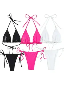Mix & Match Sizing Solid Bikini Top/bottoms Bikini Set, Casual Halter Neck Backless Triangle Swim Top, Tie Side Swim Thong, Women's Summer Swimwear, Bikinis Sets, Bikini Outfits