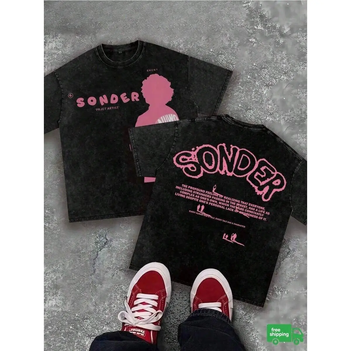 "SONDER" Thinking Figure Graphic Soft Washed Tee, Retro Y2K Style Men Round Neck Top, Casual Apparel For Summer Outdoor Daily Outfits