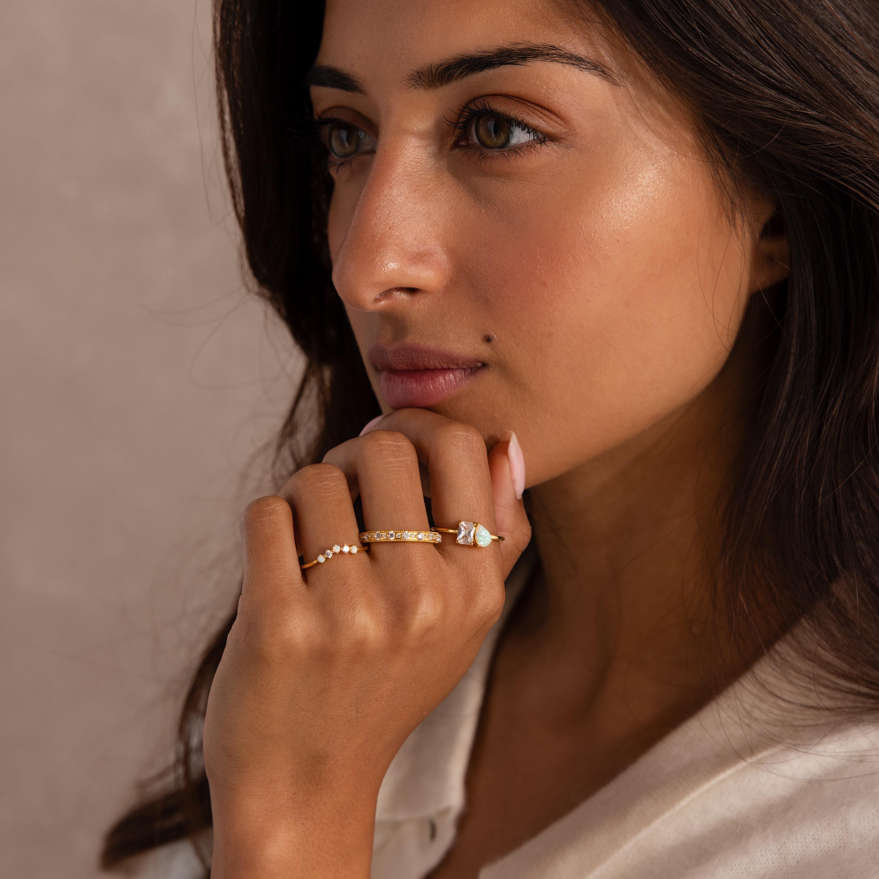 Opal Diamond Toi et Moi Ring by Caitlyn Minimalist - 18K Gold Plated Diamond & Opal Gemstone Promise Ring - Two Stone Engagement Ring - Couples Jewelry - Gift for Her