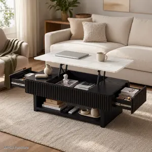 46.5" Adjustable Height Rectangle Lift-Top Marble Coffee Table with Drawer, Hidden Storage, Modern Fluted Solid Wood Strips, Quick Setup for Small Space Indoor Living Room Center Furniture