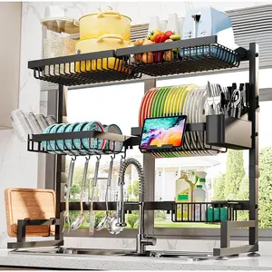 Over The Sink Dish Drying Rack (Expandable Height and Length) Snap-On Design 2 Tier Large Dish Rack (27-36L x 12W x 32.5-37H (inches)) Organiser Black Adjustable Storage Adjustable Metal Shelf