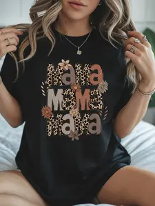 1pc Women'S Soft T-Shirt with Leopard Print & Floral "MAMA" Graphic - Casual Round Neck Short Sleeve Tee, Perfect Mother'S Day Gift for Casual Attire