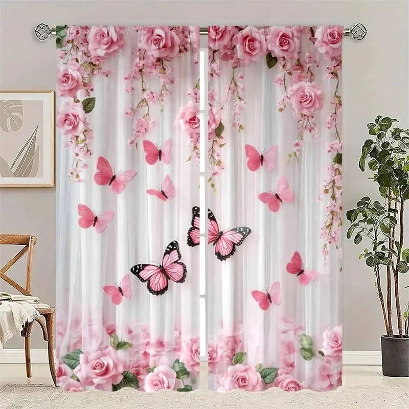 2 Piece Set Floral Butterfly Print Curtains, Semi-Transparent, High Definition Digital Print, Fade Resistant, Easy Care, Modern Style Curtain for Windows