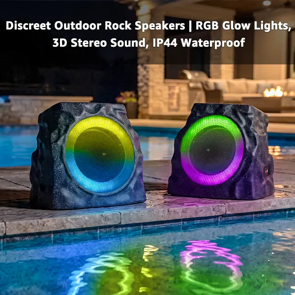 2-Pack Solar-Powered Rock Portable Waterproof Outdoor Speakers, IP44 Rechargeable Party Speaker with RGB Function Lights & USB Charging for Patio, Pool Party Audio Colorful Rgb Function Speaker Pa Loud Speaker