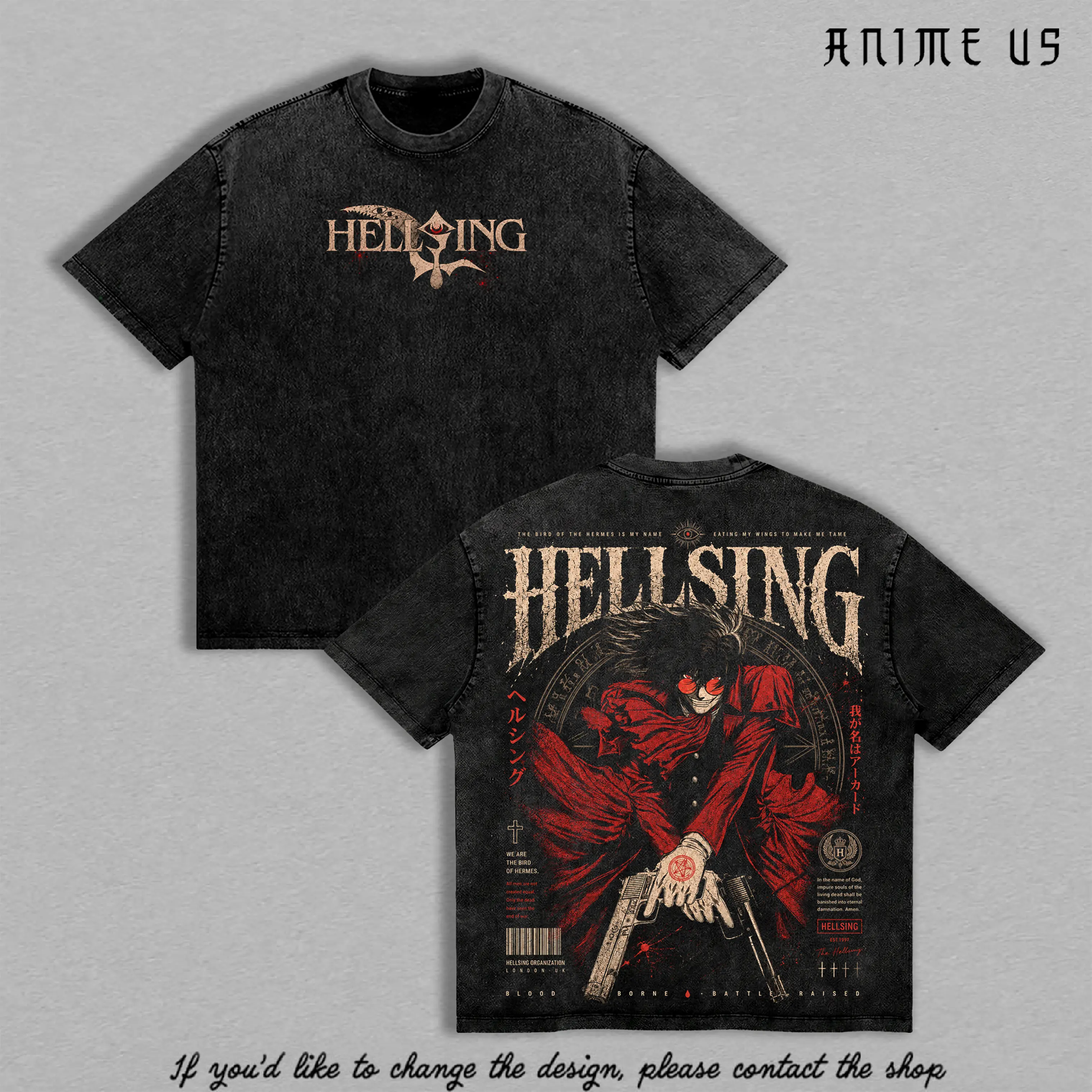 Alucard Hellsing Vampire Anti Hero Double Printed Vintage Tee, Blood Borne Dark Hunter Gothic Battle Aura Anime Graphic Shirt Heavyweight Cotton Streetwear
