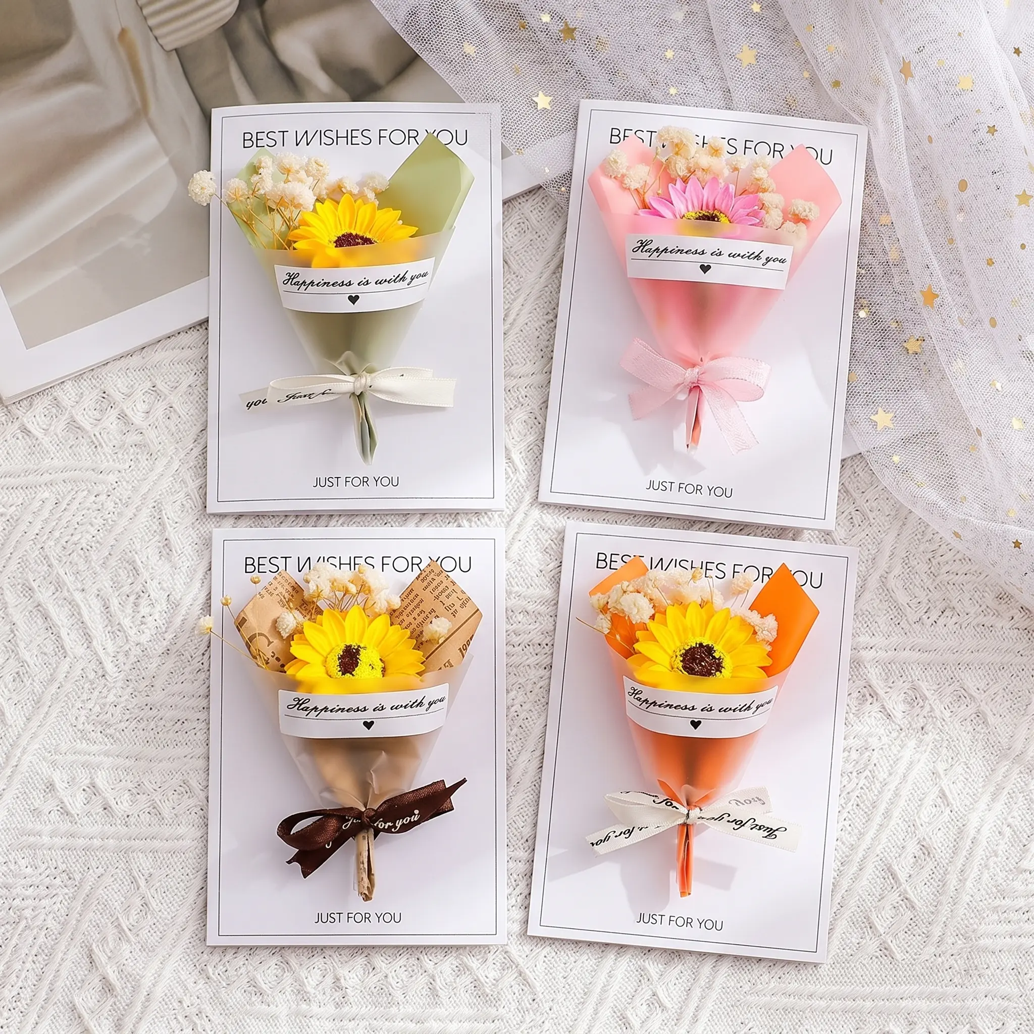 4-Pcs Sunflower 3D Handmade Crochet Puff Artificial Flower Greeting Cards, Mini-Size Bouquet Note Cards for Mothers Day & Teacher Appreciation Gift Basket Supplies, Card Design, Greeting Cards Assortment