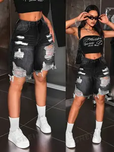 High-Waisted Fitted Denim Bermuda Shorts, Heavy Distressed Frayed Hem, Stylish Summer Wear, Comfortable & Trendy Bottoms