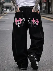 Men’s high-street Y2K casual jeans featuring a color-block cross design + multiple pockets + clean line detailing + durable fabric construction; available in various sizes to fit many body types—perfect for everyday wear, friend gatherings, and trendy spo