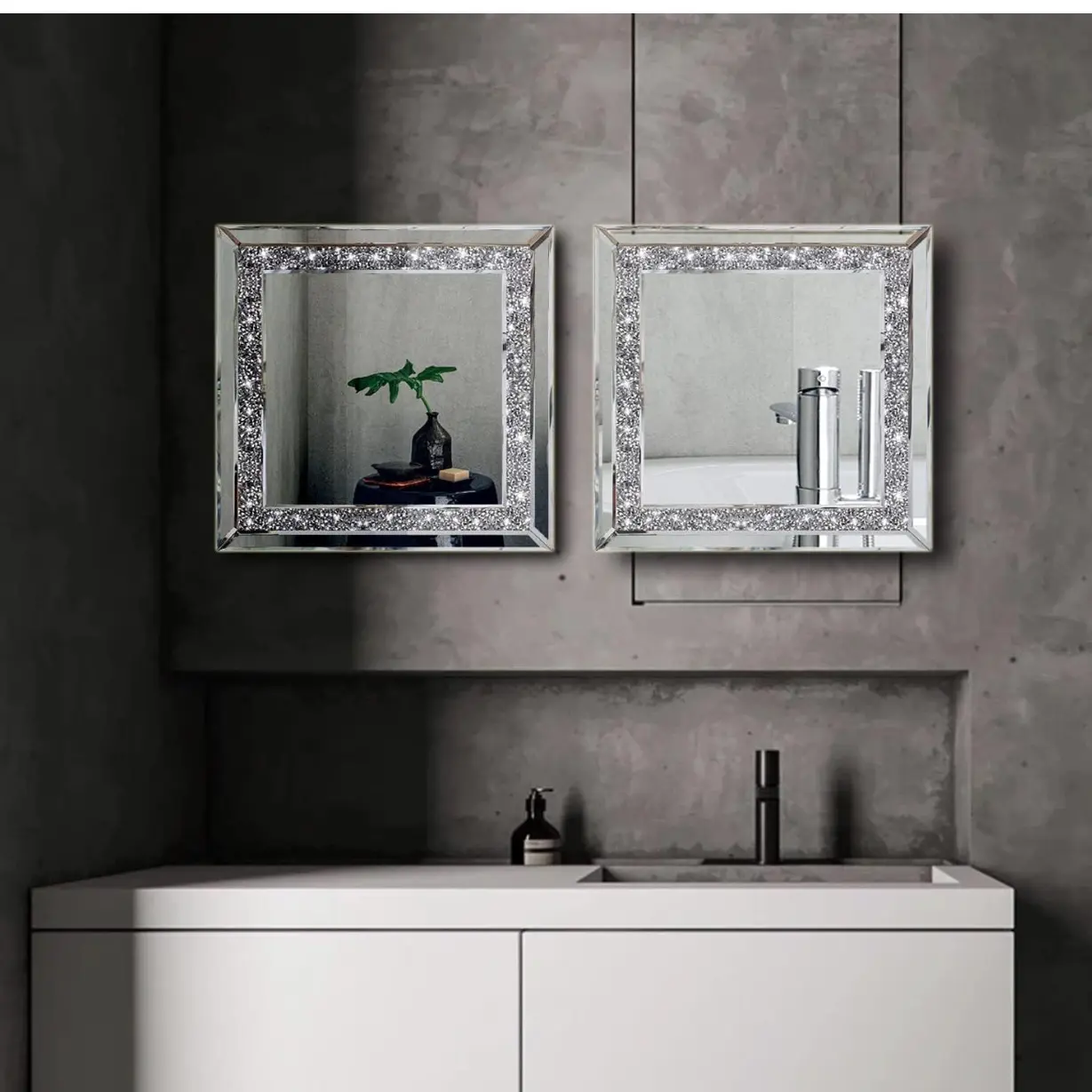 2PCS Luxury Crystal Diamond Wall Mirrors – 12”x12” Handcrafted Rhinestone Accent Mirrors for Elegant Home Decor