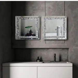 2PCS Luxury Crystal Diamond Wall Mirrors – 12”x12” Handcrafted Rhinestone Accent Mirrors for Elegant Home Decor