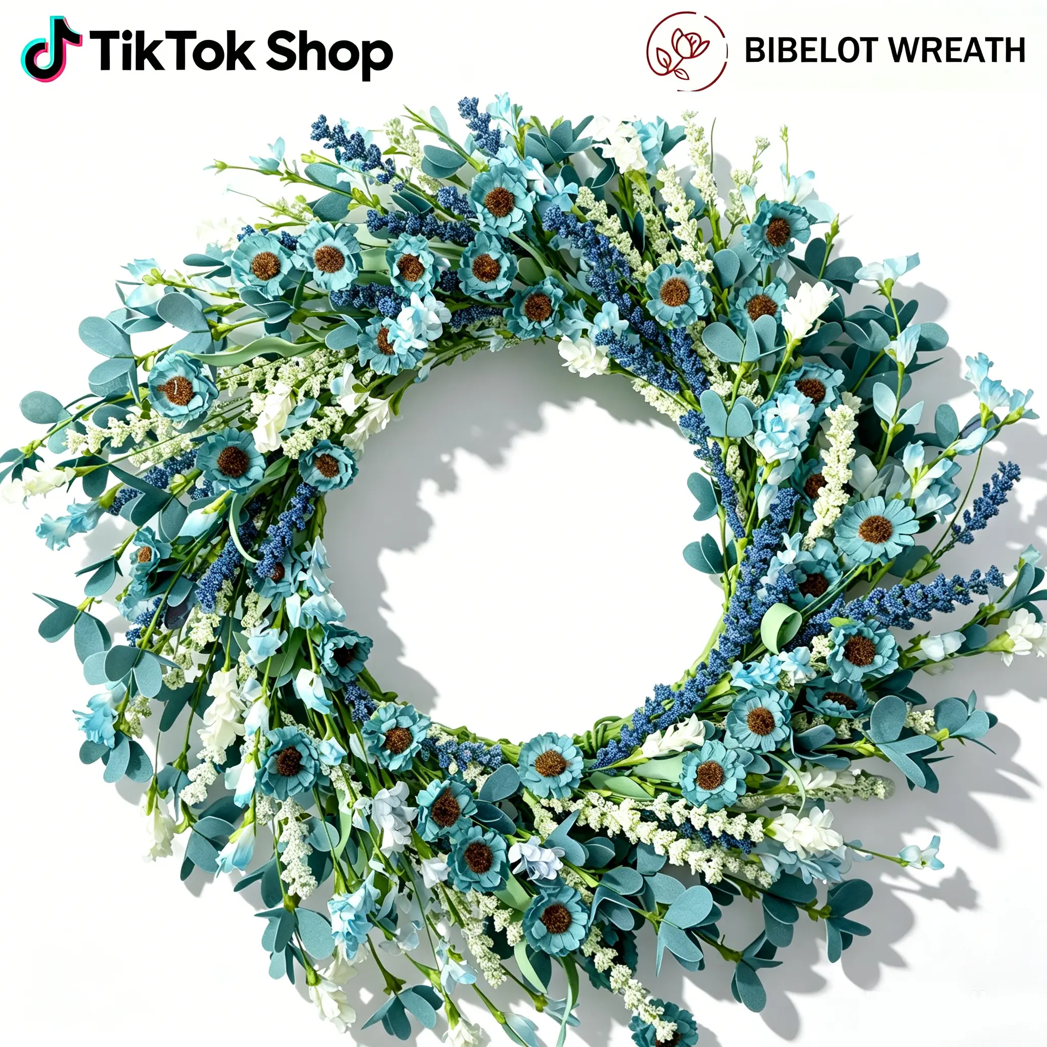 BIBELOT 22-Inch Blue Spring PVC Artificial Wreath with White Daisy Flowers & Green Leaves, Farmhouse Front Door Decor, Home Decor Items, Cool Room Decor, Living Room Decor Ideas, Fall Decor, Ideal for Weddings, Bonbie Blue Baby Shower,