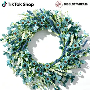 BIBELOT 22-Inch Blue Spring PVC Wreath - Artificial Wreath with White Daisy Flowers, Green Leaves, Artificial Grains for Farmhouse Front Door, Home Decor,summervibes outdoorfun