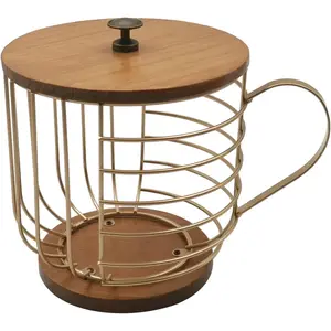 Large Capacity Wire Kup Storage with Wooden Base, Mug Shape Wire Storage Basket with Lid for Home Cafe Bar Countertop Kitchen Decor Storage Accessorie Gold