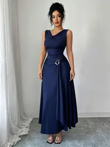 A fashionable blue waist cinching dress for women, with a high waisted cut that accentuates curves, suitable for commuting to work, shopping, and outdoor wear