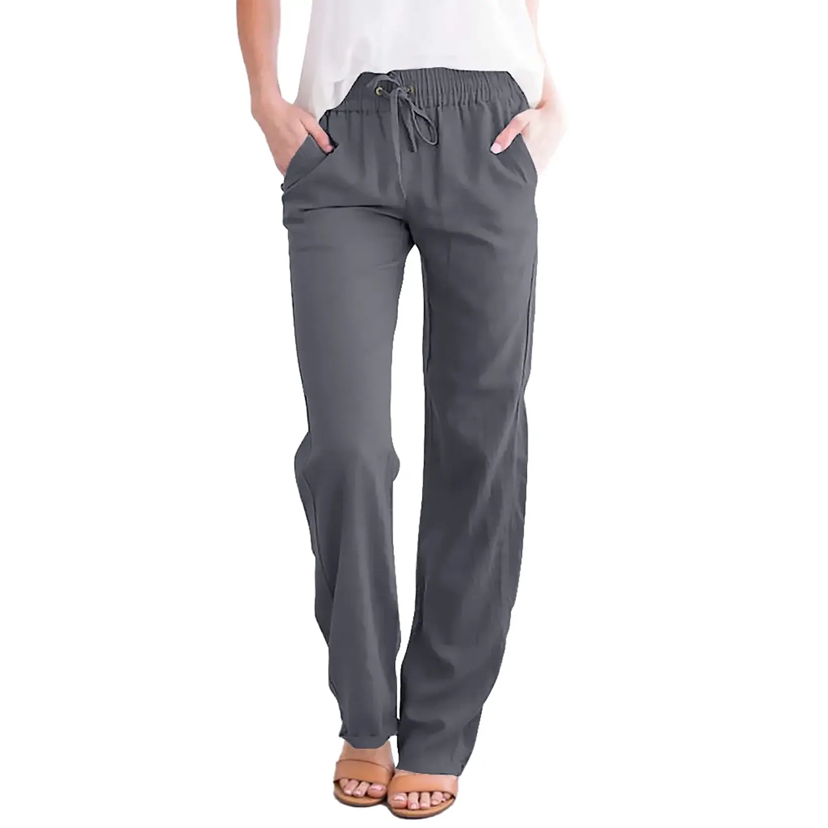 DOKOTOO Cotton Pants for Women Straight Leg Elastic Waist Casual Pants with Pockets Comfy Gray Work Pants 2XL US 20-22 DOKOTOO