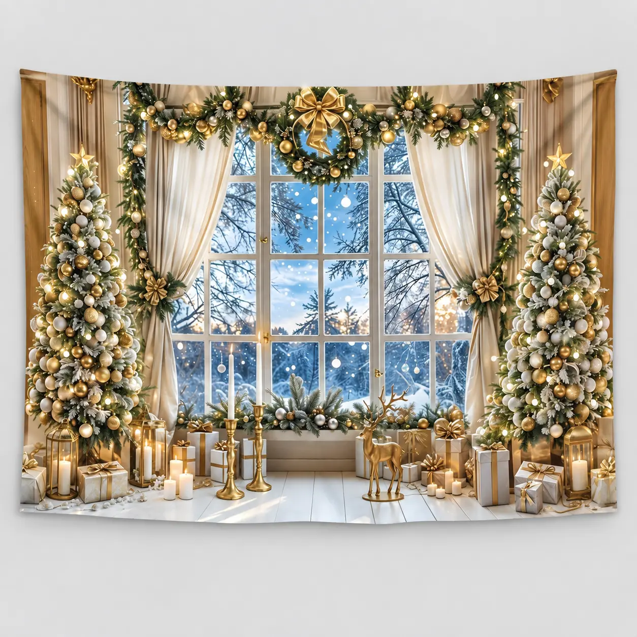 Festive 1-Piece Christmas Party Banner - 2D Flat Polyester Backdrop with Christmas Tree Window Design, Long-Lasting Indoor-Outdoor Wall Decor, Vibrant Winter Holiday Living Room Photography Ornament