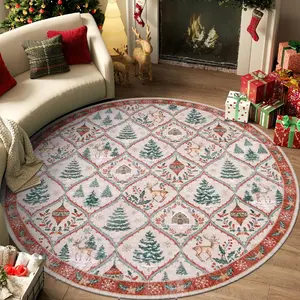 Round Christmas Deer Tree Carpet Mat, American Vintage Style Anti-Slip Rug, Soft Comfortable Plush Foot Pad, Foldable, Vintage Area Rug