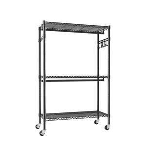 Heavy Duty Metal Steel Black Rolling Clothes Rack - 35.43x17.13x70.87in 3-Tier Adjustable Wire Shelf, 2 Hanging Rails, Side Hooks, Portable Closet Organizer with 360° Silent Wheels, Ideal for Room Storage