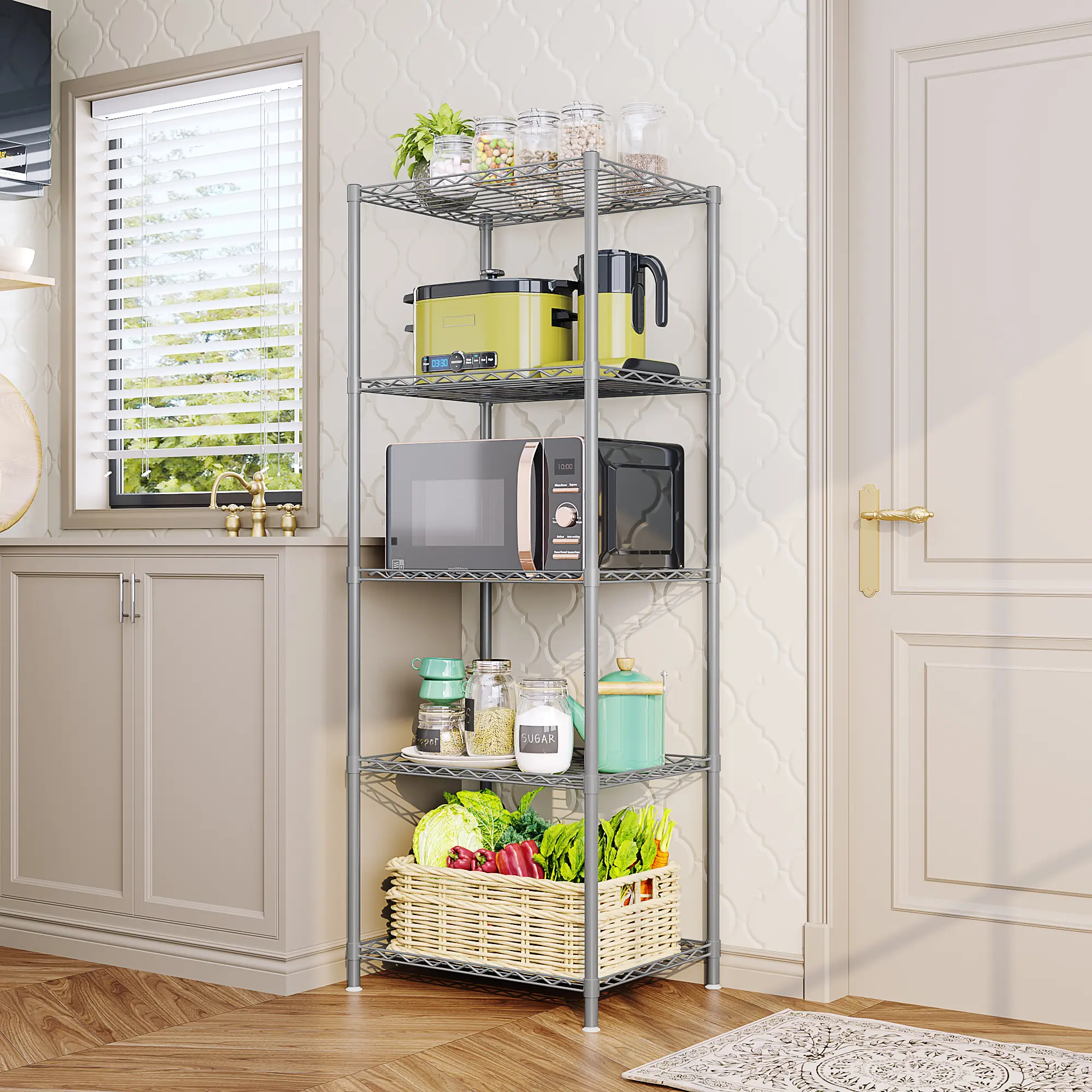 Wire Rack Shelving Organizer 5-Tier Heavy Duty Metal Standing Storage Unit for Garage Kitchen Utensils Home Supplies Installation Sliver