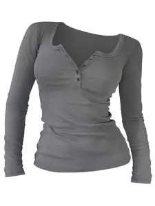 Women's Casual Long Sleeve Round Neck Top with Buttons, Casual Breathable Top, Comfortable Fabric for Daily Wear, Available in 6 Colors