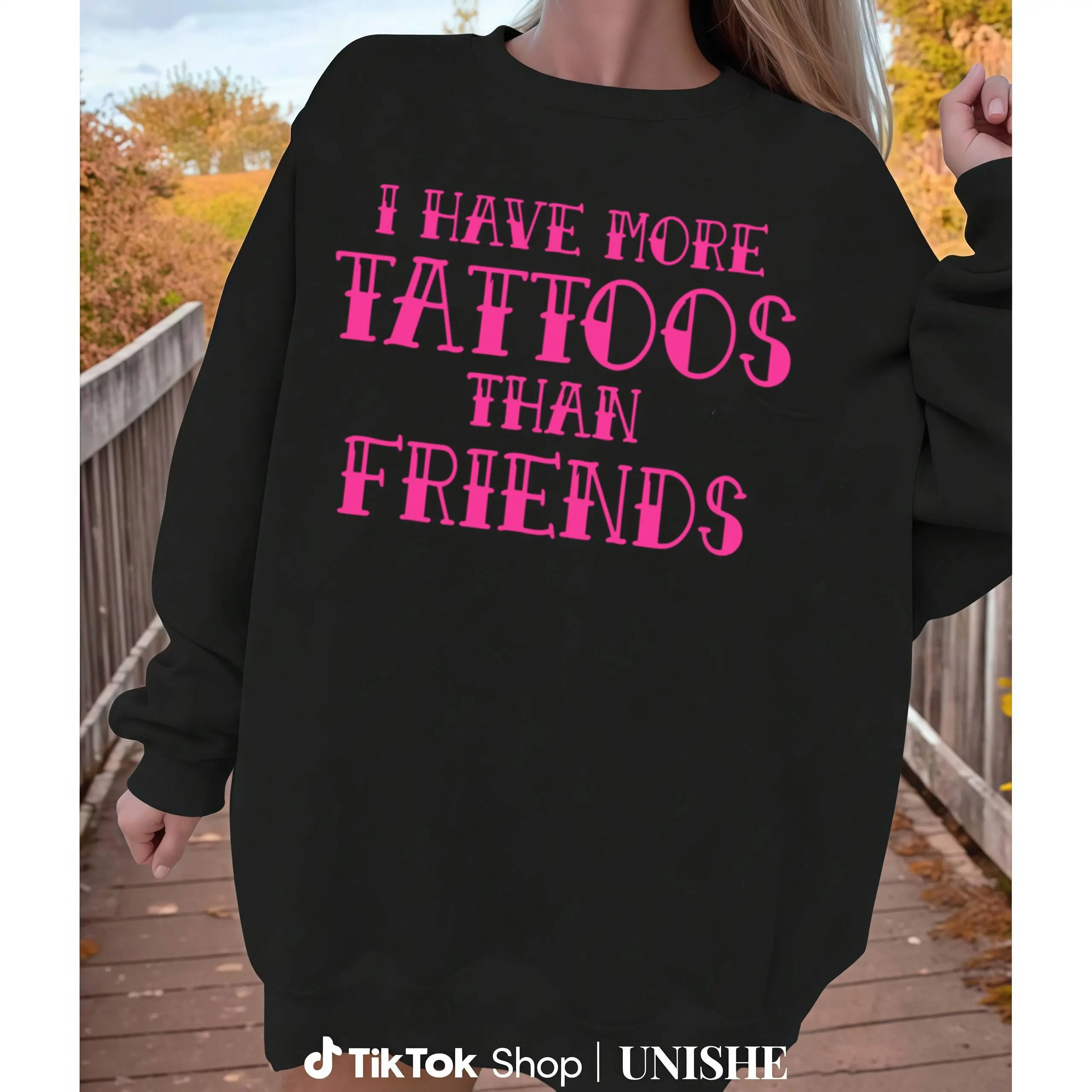 Pink Tattoo Sleeve Sweatshirt – Long Sleeve Top with More Tattoos Than Friends Hoodie Womenswear