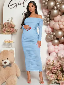 Maternity Long Sleeve Frill Off-Shoulder Solid Color Dress, Spring Summer, For Baby Shower