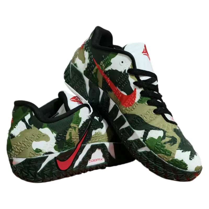 Green white camouflage textured knit low top sneakers red graphic accents thick non-slip rubber outsole lace-up breathable street basketball trainers