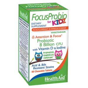 FocusProbio for Kidz, 60 Chewable Tablets, Supports Cognitive Function for Attention and Focus. Blackcurrant and Vanilla Flavor, Contains Vitamin D & Iodine. Acid & Bile Resistant Strains. Vegetarian