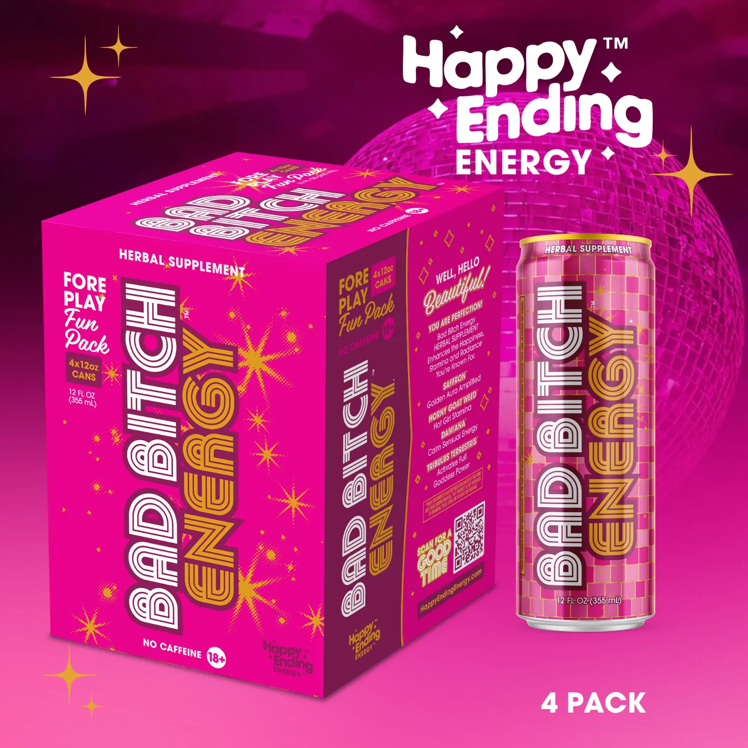 Bad Bitch Energy Caffeine-Free Sparkling Botanical, 4-Pack 12 fl oz Cans