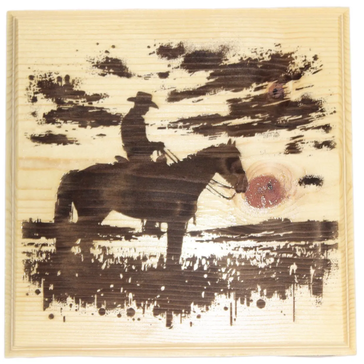 Engraved Cowboy on Horseback Wooden Plaque - Perfect for Home Decor