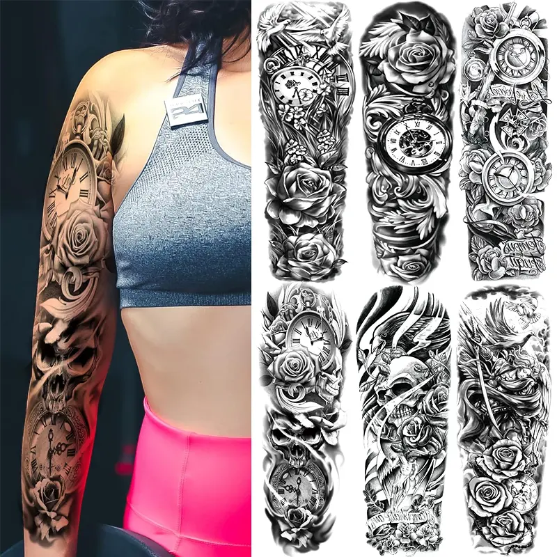 6-Piece Floral Skull Temporary Tattoo Sleeves, Waterproof Dove Clock Rose Design, Unisex Arm Leg Tattoos, Fake Tattoos for Parties Events Casual Wear, Sticker Tattoos