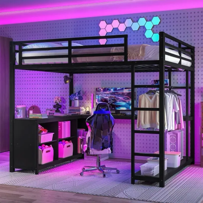 Modern Metal Loft Bed Queen Size with Wardrobe,Desk & Storage Shelves for Teens