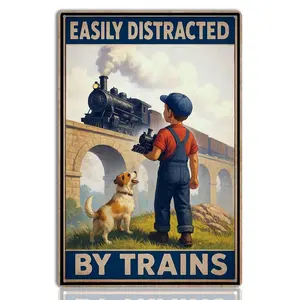 Easily Distracted by Trains Tin Sign – Train Decor for Boys Room and Men – Train Gifts for Dad and Collectors – Vintage Train Wall Decor for Train Room or Man Cave – 8x12 Inch Metal Sign