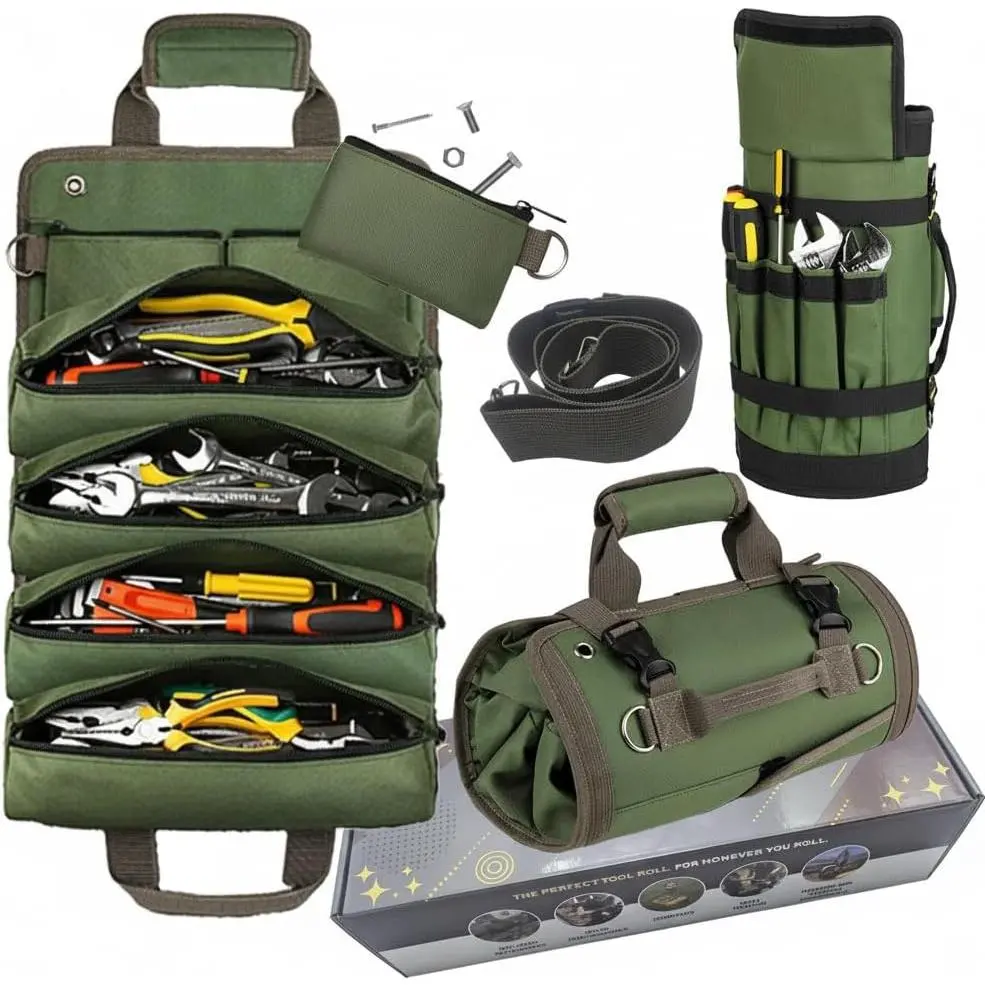 Upgraded Heavy Duty Tool Roll Up Bag Organizer with 6 Zipper Pockets - Canvas Wrench Pouch for Mechanic & Electrician, Car Seat Back Hanging Storage for Truck Jeep RV, Waterproof Emergency Gear Case