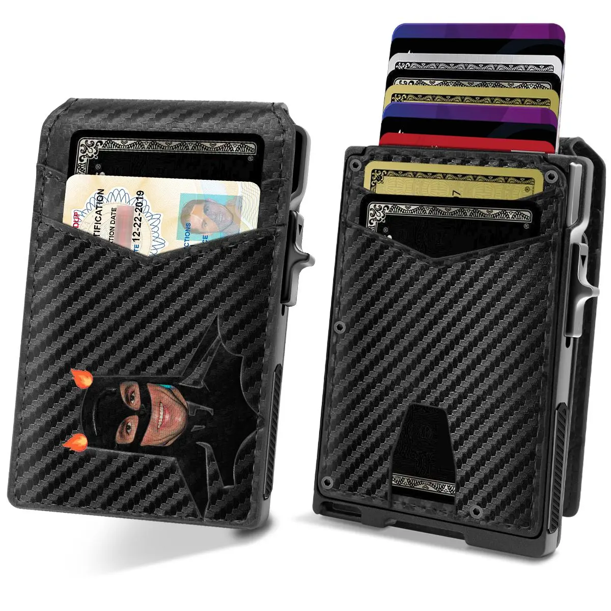 Mens Wallet with Bat Mask ID I RFID Blocking I 15 Cards I Money Clip I ID Windows I Minimalist Metal Credit Card Holder Business Card Automatic Pop-Up Wallet