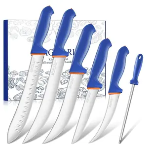 DRAGON RIOT 6 Pcs Butcher Knives Set, Meat Processing Knife Set for Brisket Trimming with German Stainless Steel and Blue Non-Slip Handle,Ideal Christmas Gift for Man and Woman
