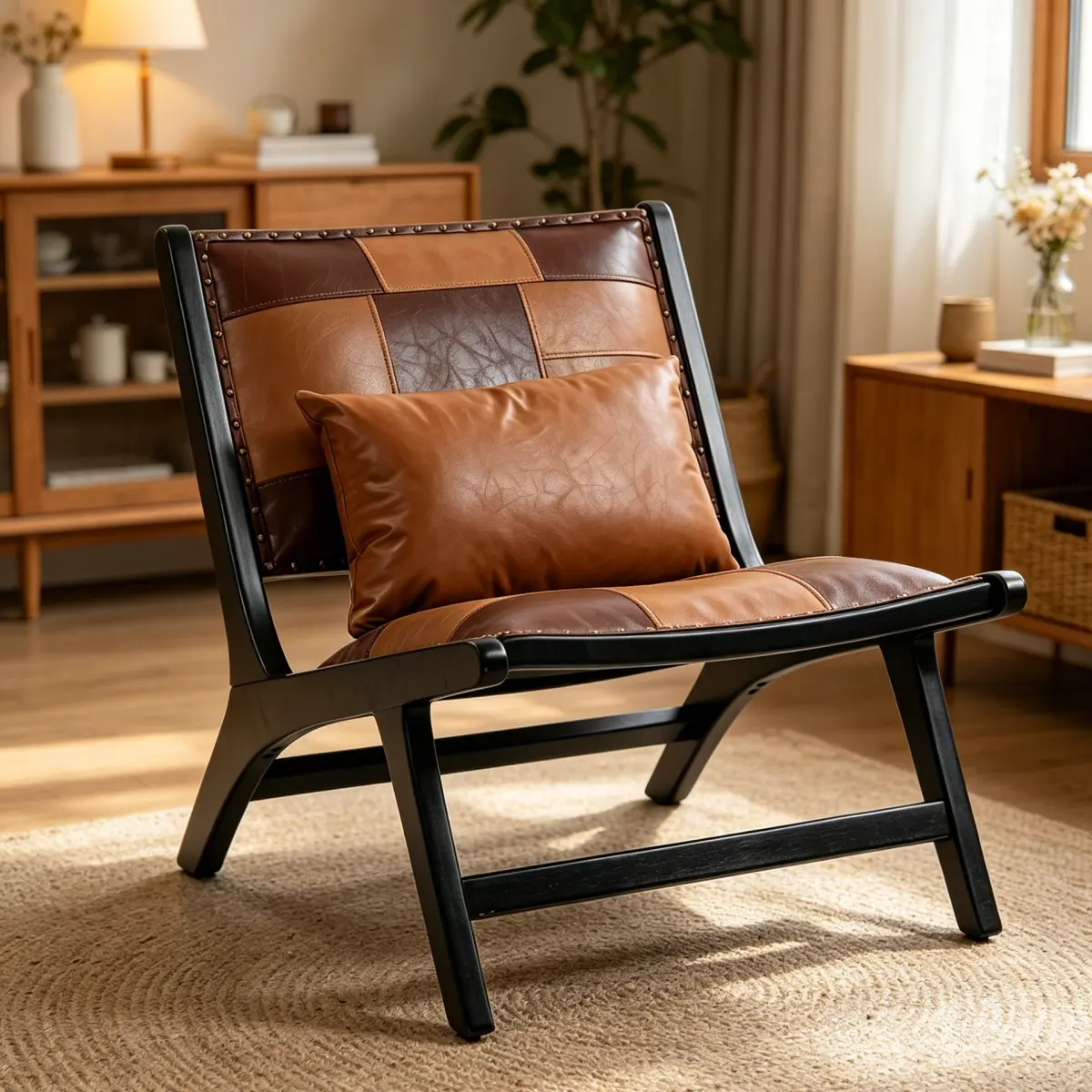 27.56*25.59*27.56 Inch Antique Brown PU Leather Accent Chair, Mid Century Boho Style Ergonomic Curved Back Lounge Chair, Solid Hardwood Frame Wide Seat Easy Assembly Indoor Covered Outdoor Leisure Side Chair