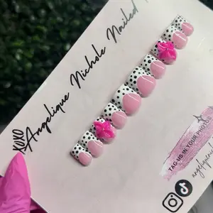 Press On Nails Beauty Products, White & Black French Tip Polka Dot Design with Pink Flower, Multi-Pack Nails Press On