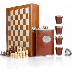 Wooden Gift Box Chess Set with 8oz Stainless Steel Flask, 4 Shot Glasses & Funnel – Perfect for Bourbon, Scotch, Father’s Day & Travel
