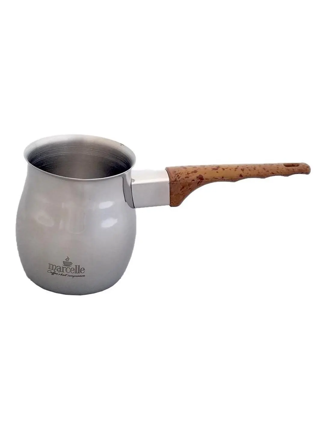 Marcelle W04W156 12 oz Stainless Steel Turkish Milk & Coffee Warmer Pitcher with Wood Handle & Spout