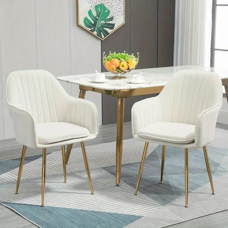 Modern Upholstered Accent Chairs Set of 2, Fabric Arm Chairs with Curved Backrest & Metal Legs for Dining & Living Room, Beige/Dark Blue/Gray/Green